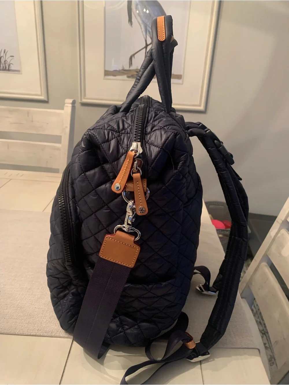 MZ Wallace Quilted Navy Backpack Tote with Leather Accents